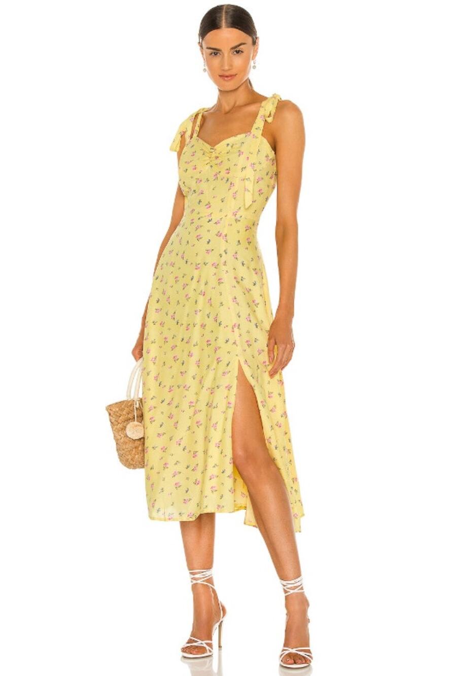 Bardot Butter Yellow Ditsy Floral Midi Dress Ruched Bust Bow Tie Straps Coquette